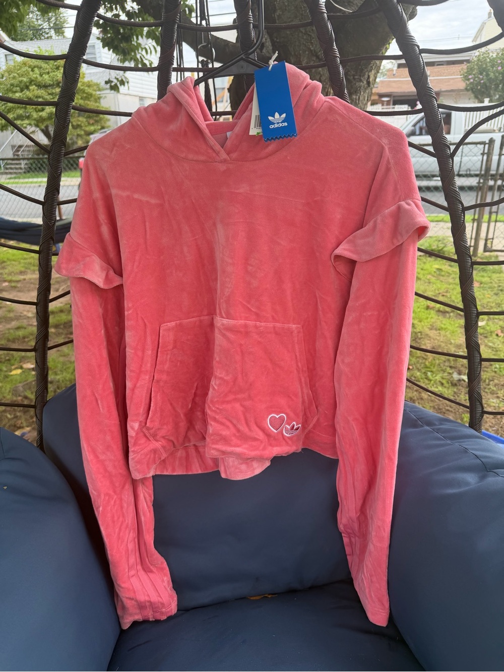 adidas Pink Velour Hooded Pullover with Heart Detail